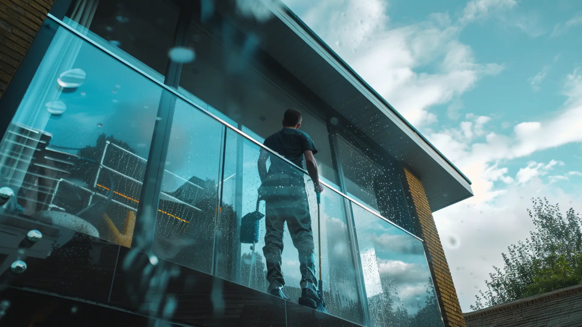 Professional cleaner washing large glass panels on a commercial building