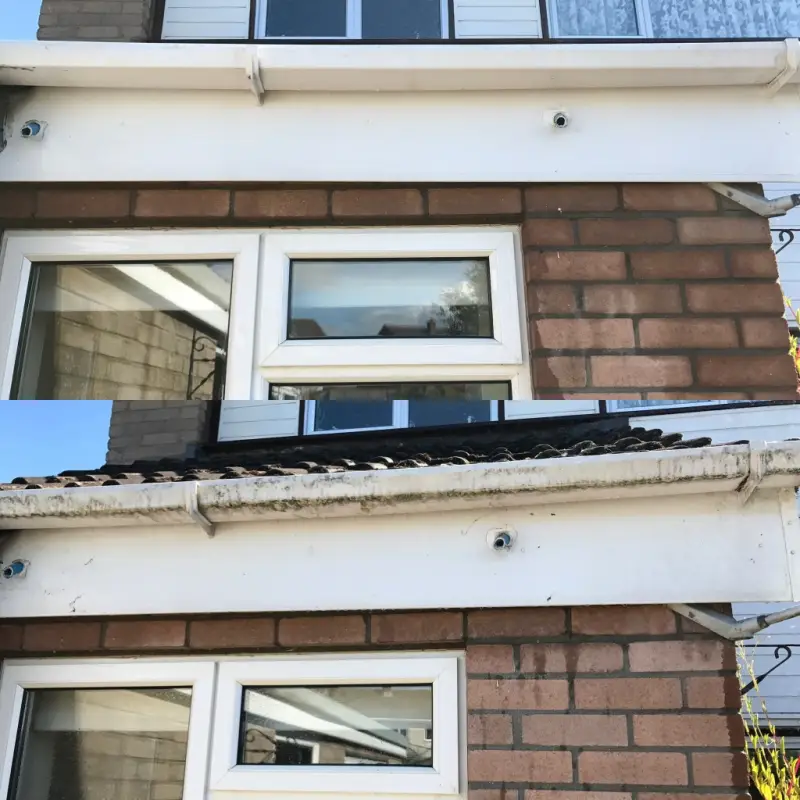 Fascia board before and after cleaning — dirty fittings restored to white